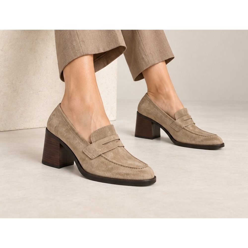 Born Khelda Taupe Suede Penny Loafer Heels Women's 6M Block Heel Leather